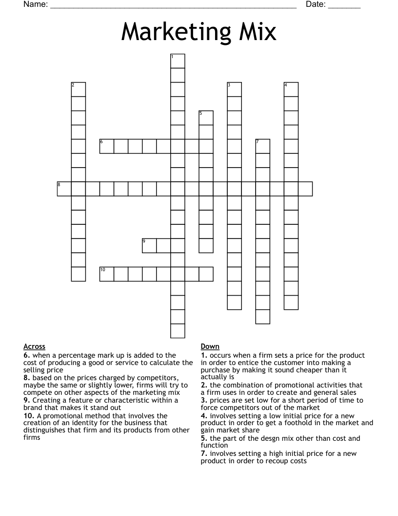 Marketing Mix  Crossword