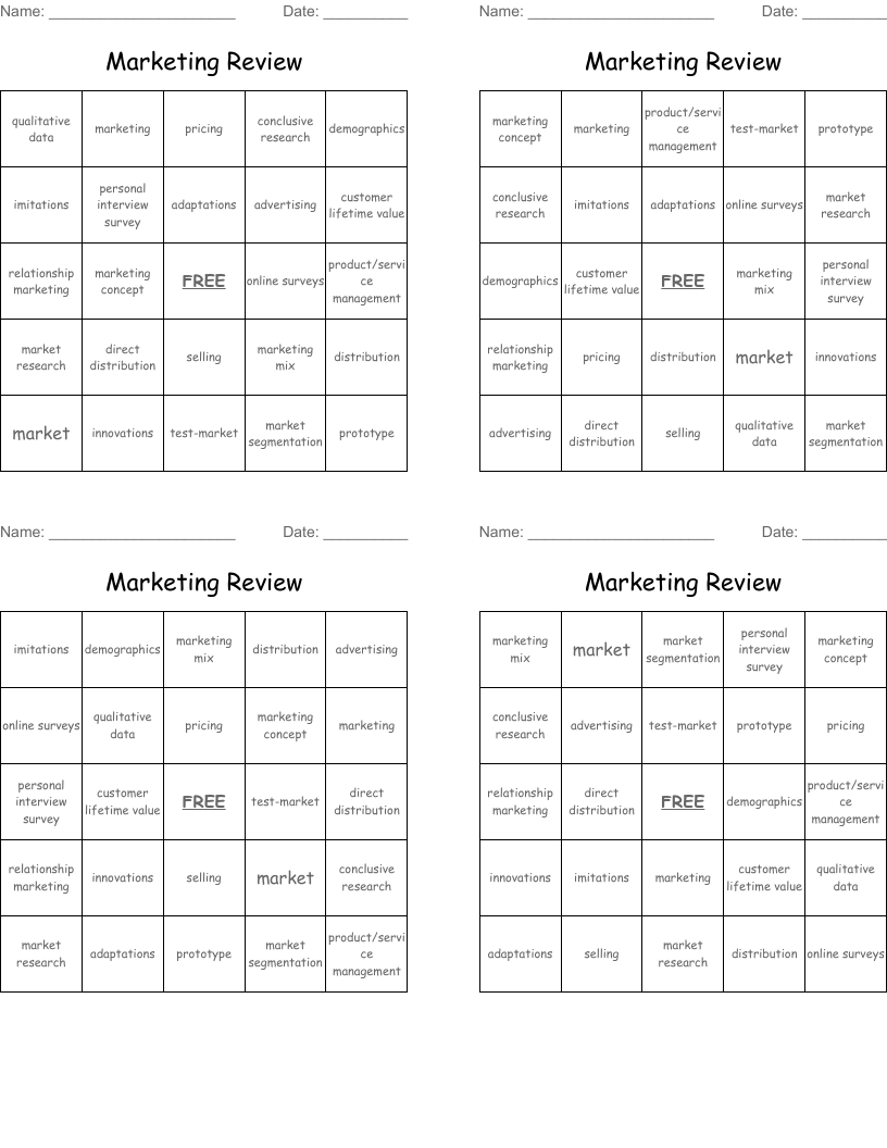 Marketing Review Bingo Cards