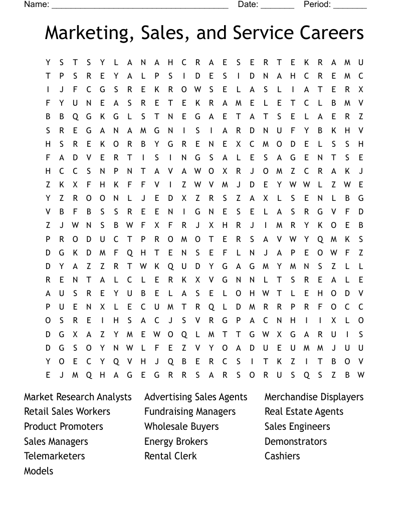 Marketing, Sales, and Service Careers  Word Search