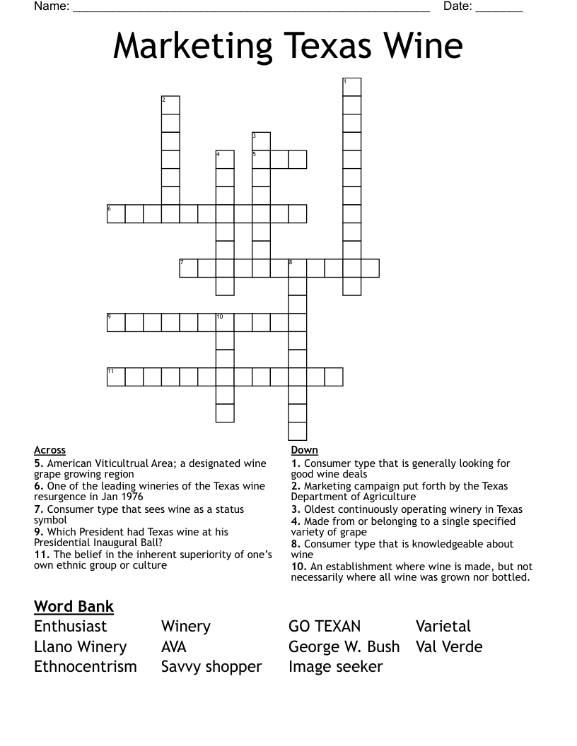 Marketing Texas Wine Crossword