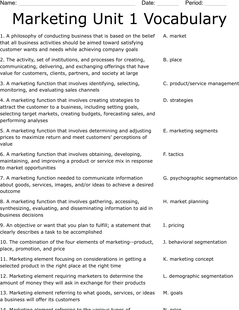 Marketing Unit 1 Vocabulary Worksheet