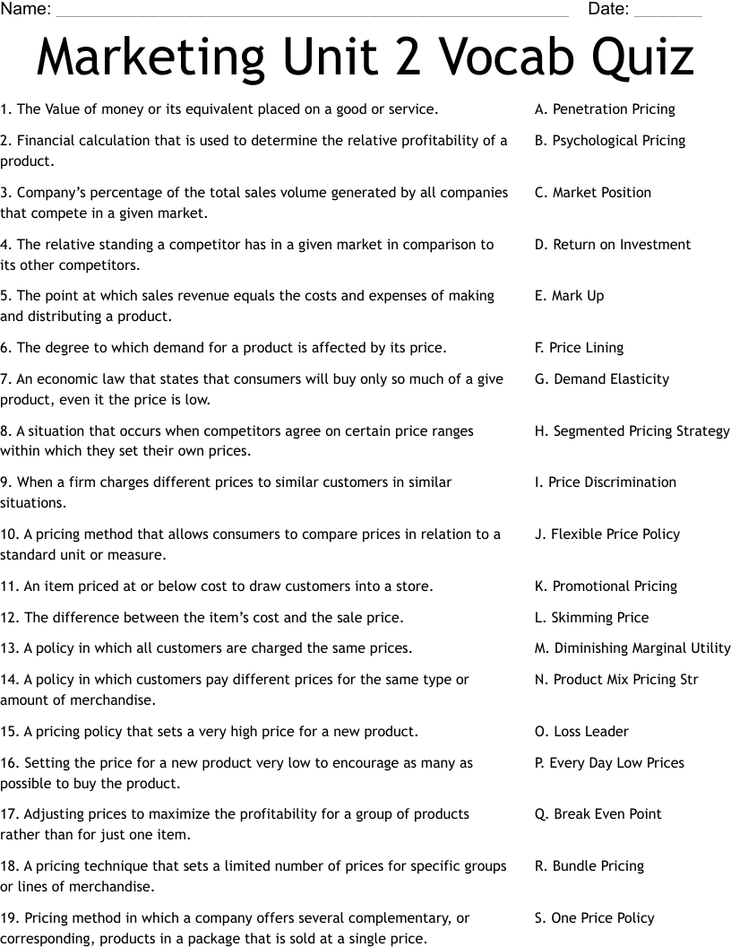 Marketing Unit 2 Vocab Quiz Worksheet