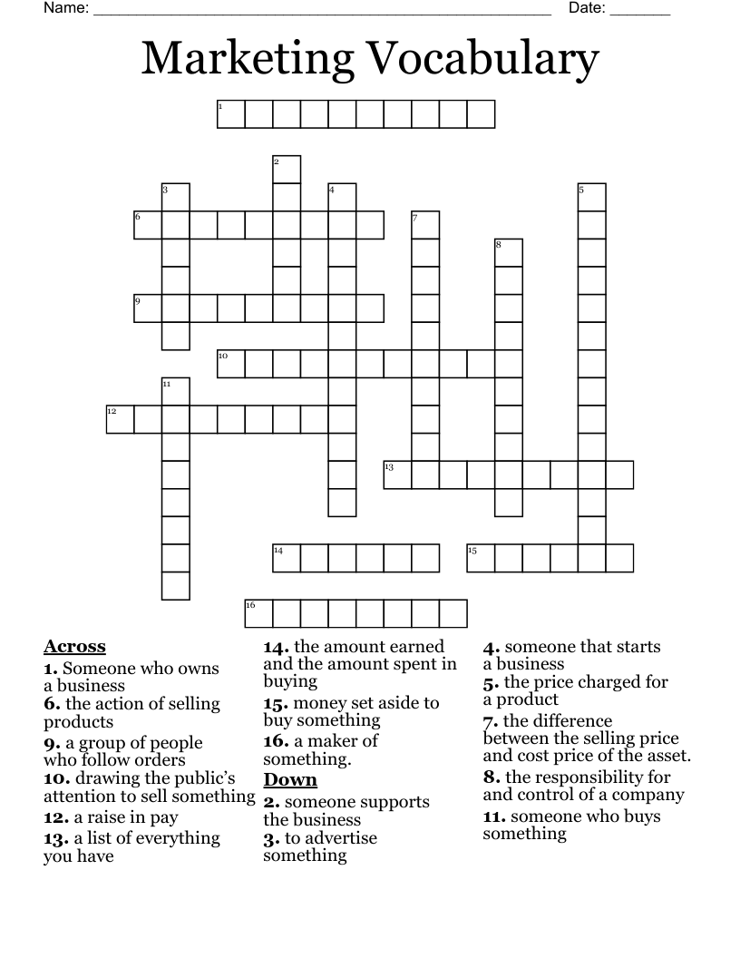 Marketing Vocabulary Crossword