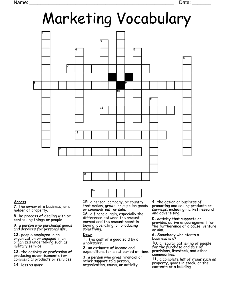 Marketing Vocabulary Crossword