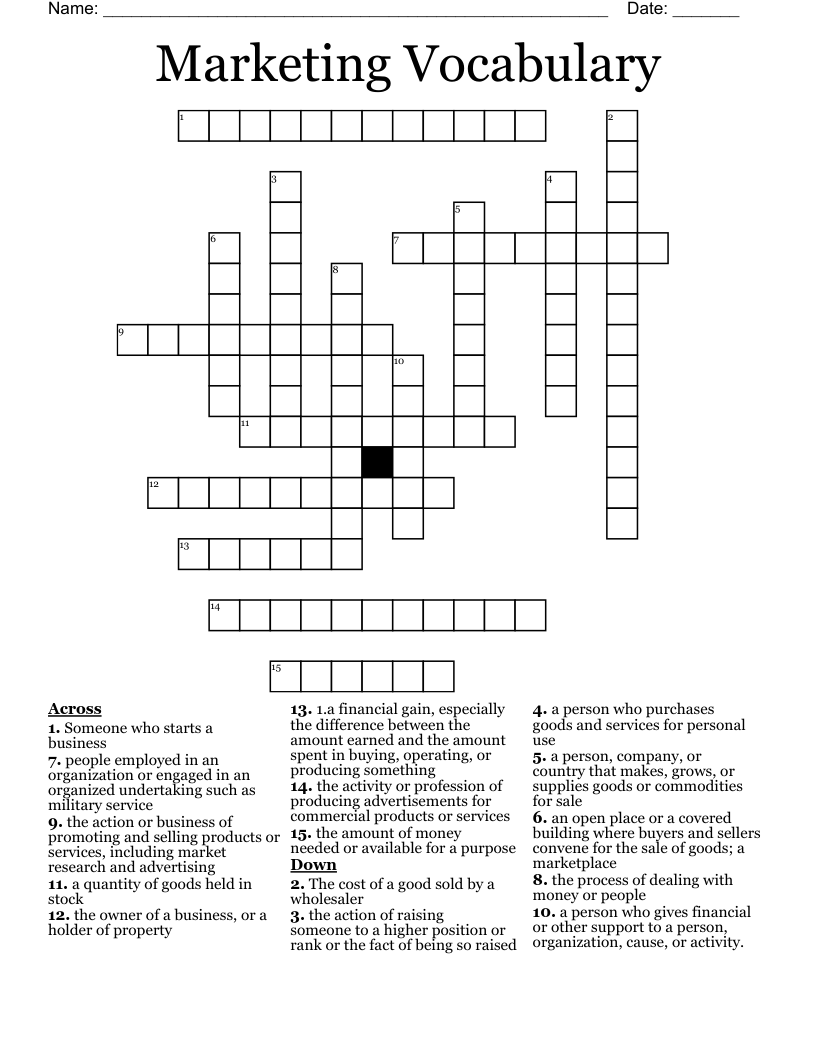 Marketing Vocabulary Crossword
