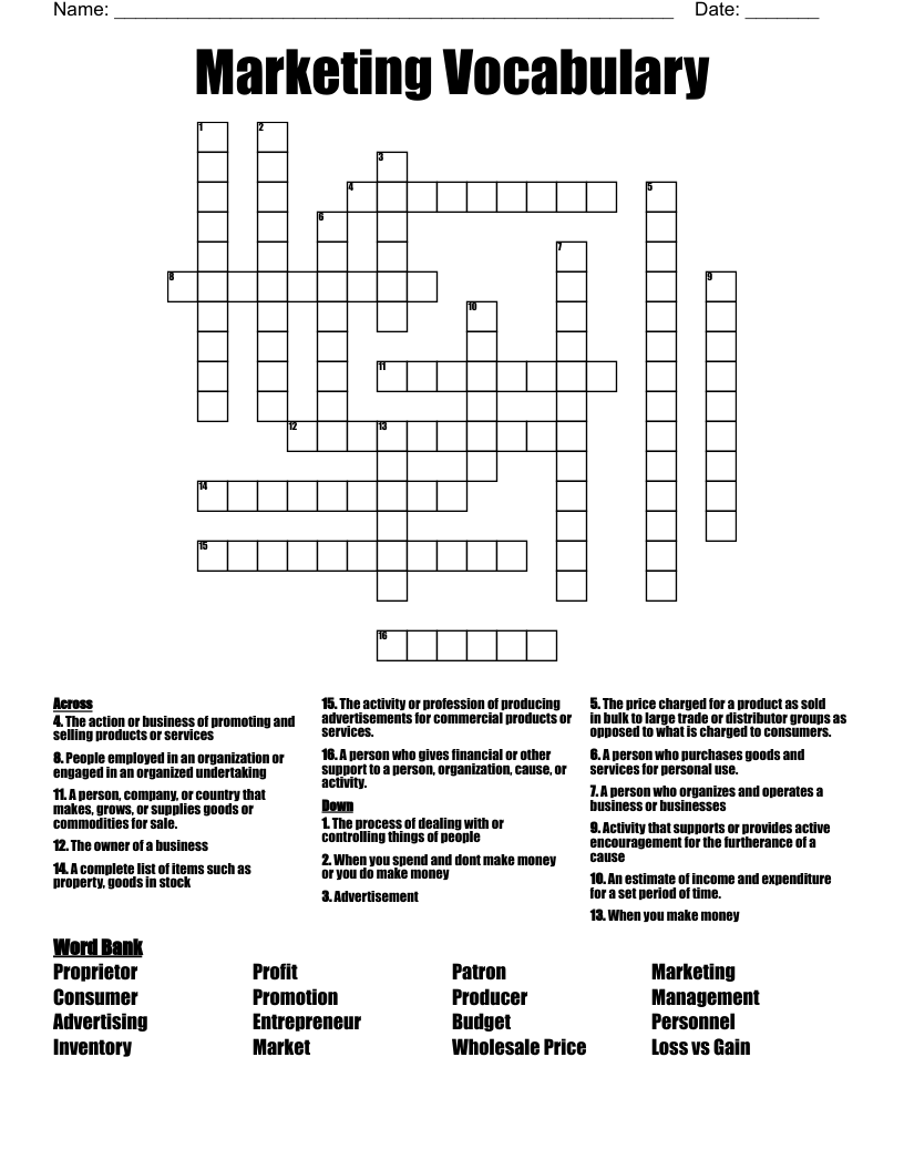 Marketing Vocabulary Crossword