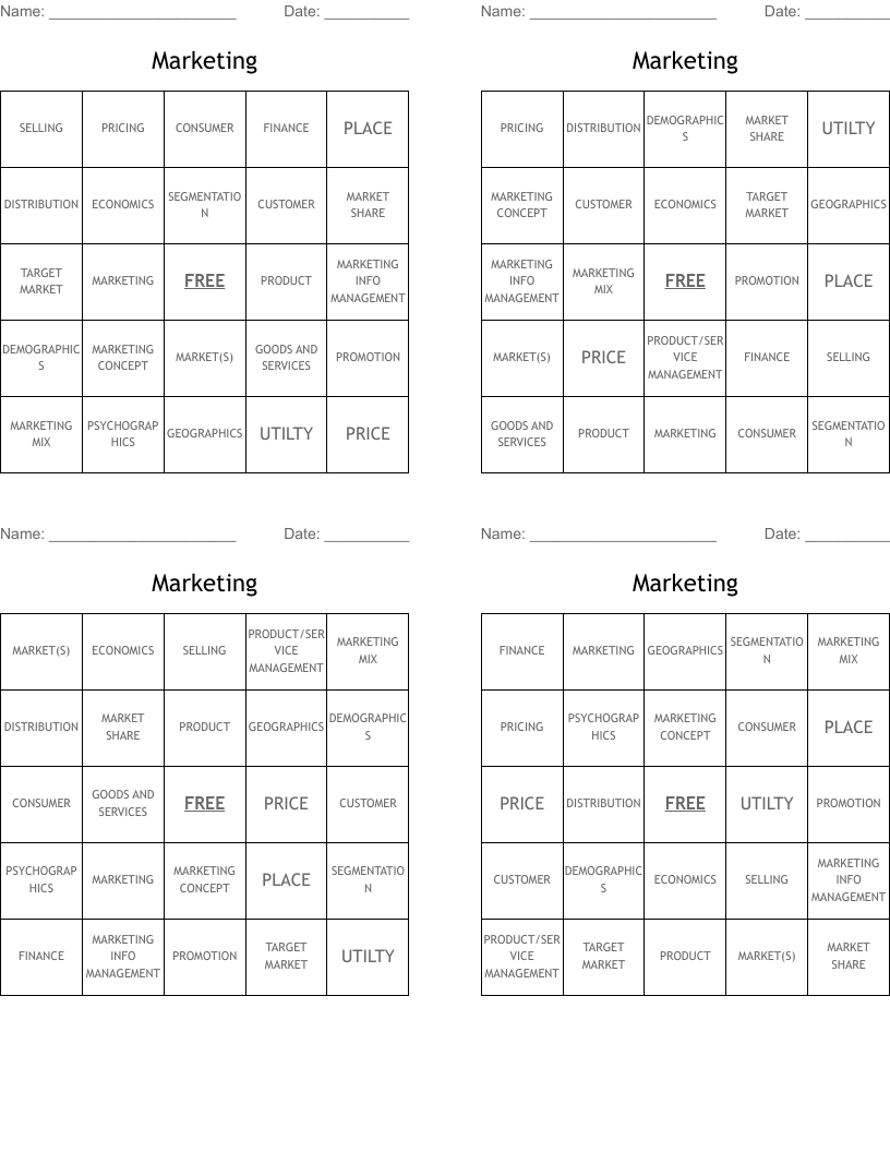 Marketing  Bingo Cards