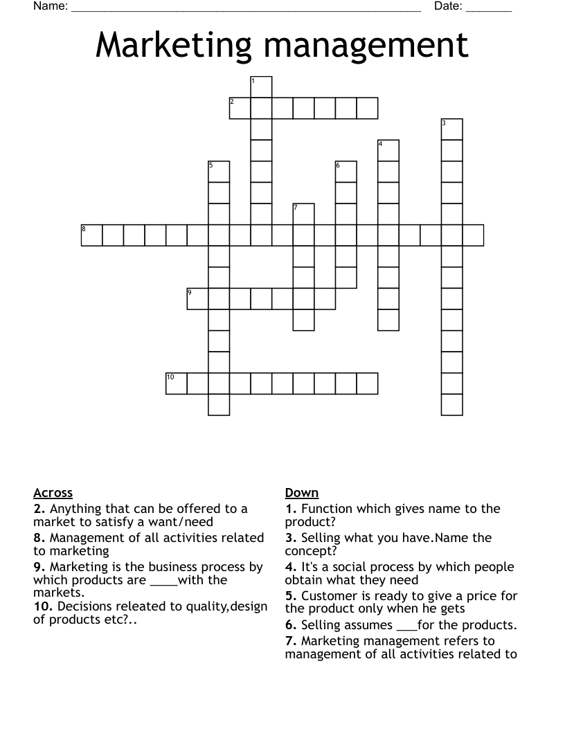 Marketing management  Crossword