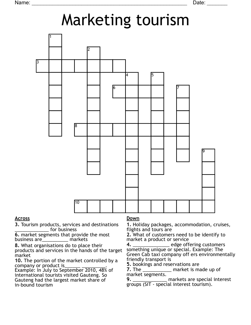 Marketing tourism Crossword