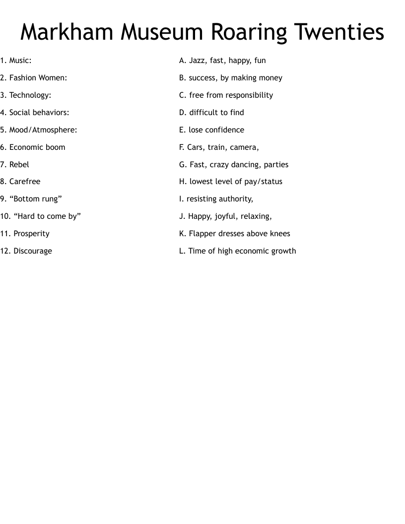 Markham Museum Roaring Twenties Worksheet