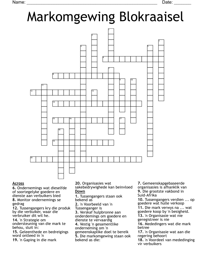 Markomgewing Blokraaisel Crossword