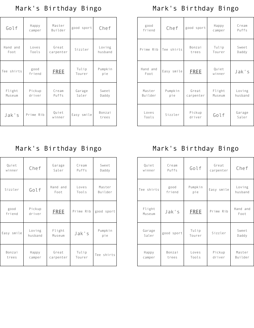 Mark's Birthday Bingo
