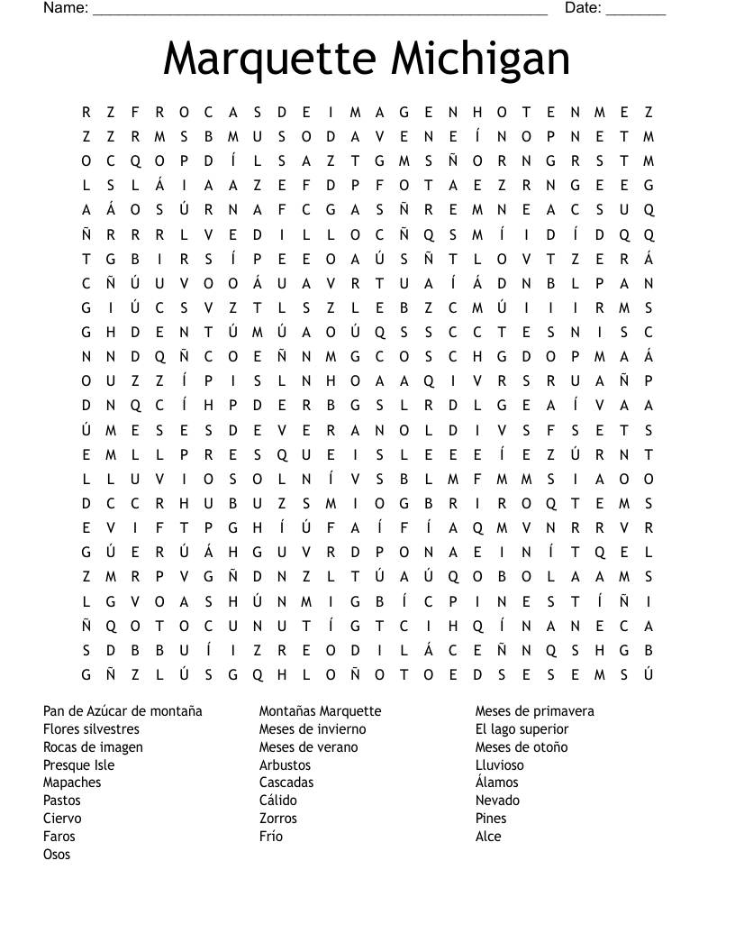 Marquette Michigan Word Search