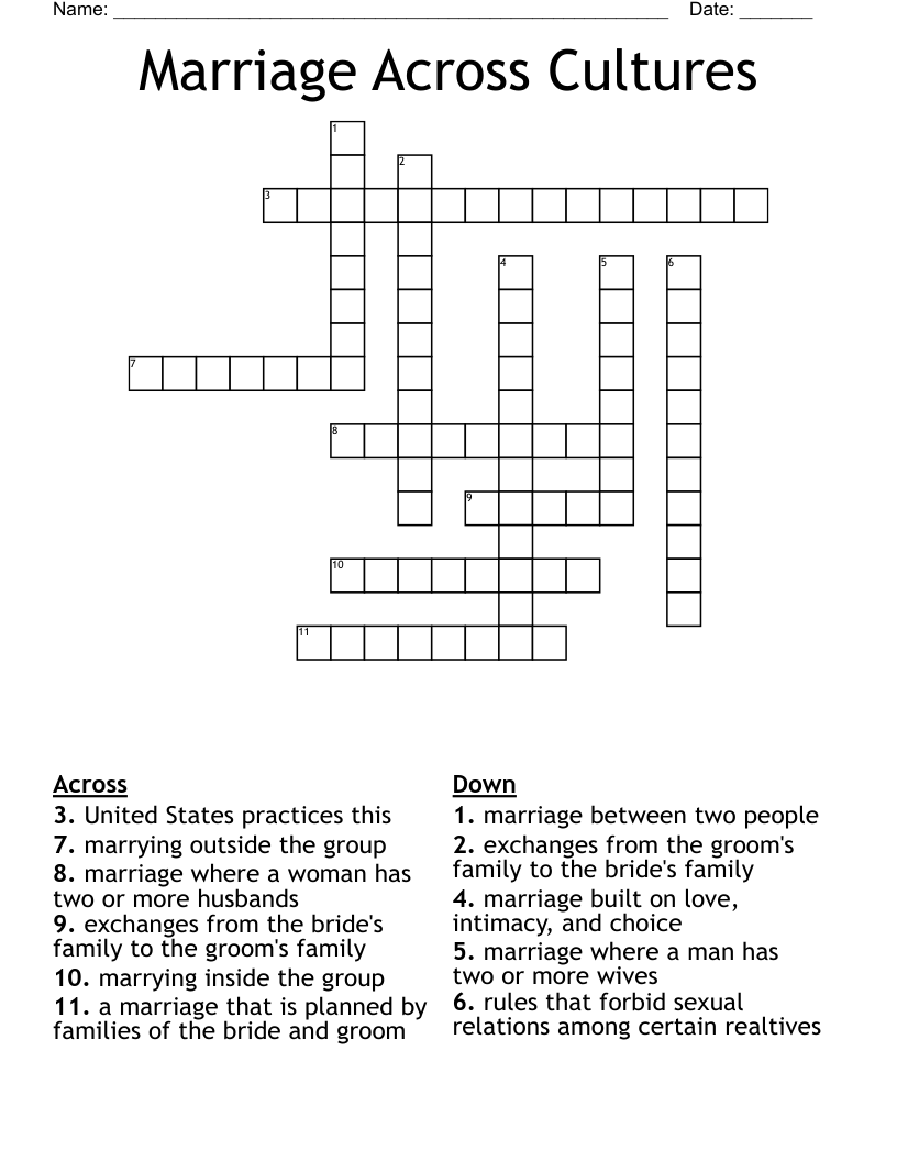 Marriage Across Cultures Crossword
