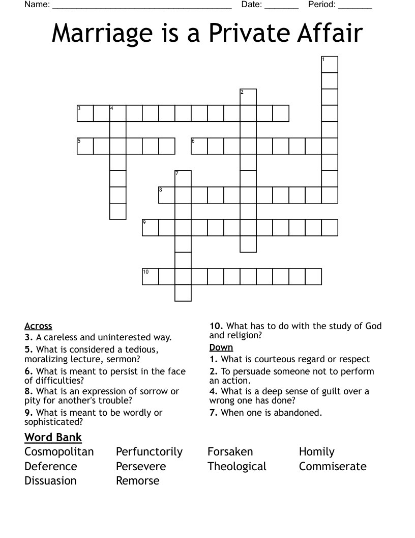 Marriage is a Private Affair Crossword