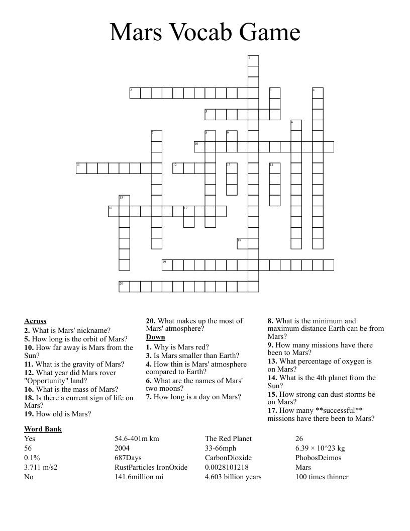 Mars Vocab Game Crossword
