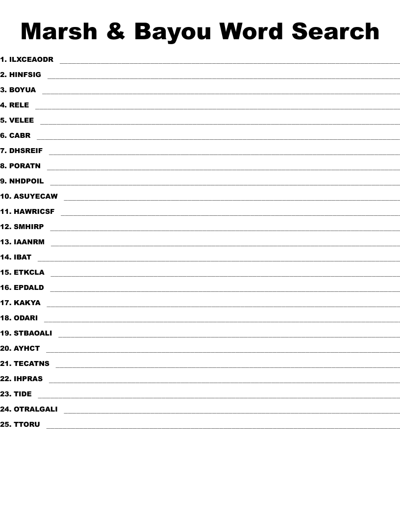 Marsh & Bayou Word Search Word Scramble