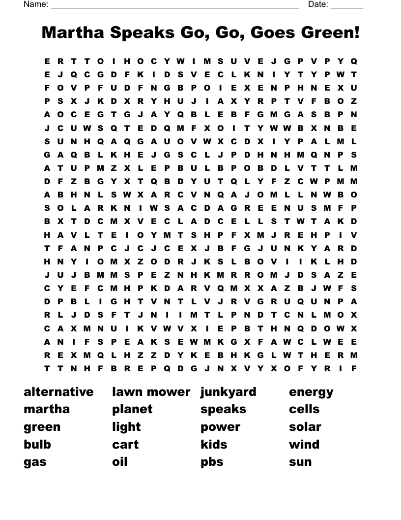 Martha Speaks Go, Go, Goes Green! Word Search