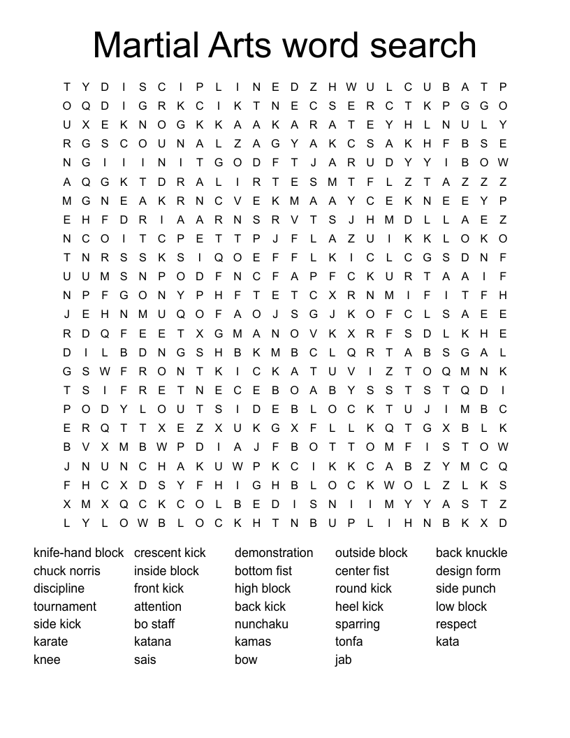 Martial Arts word search 