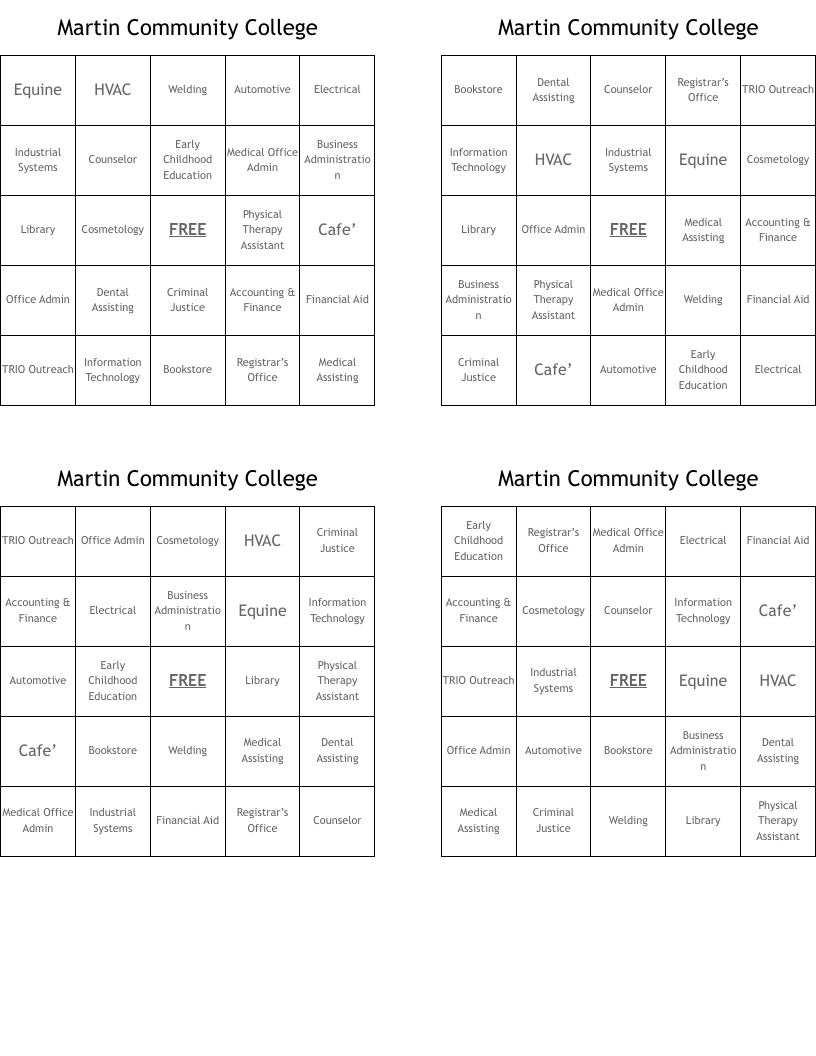 Martin Community College Bingo Cards