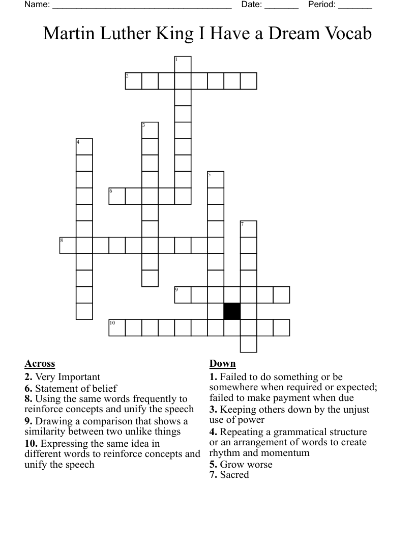 Martin Luther King I Have a Dream Vocab Crossword