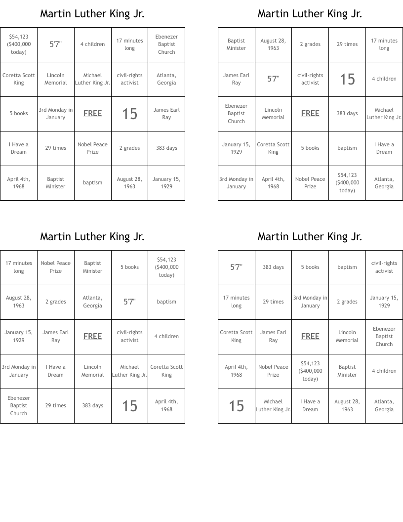 Martin Luther King Jr. Bingo Cards
