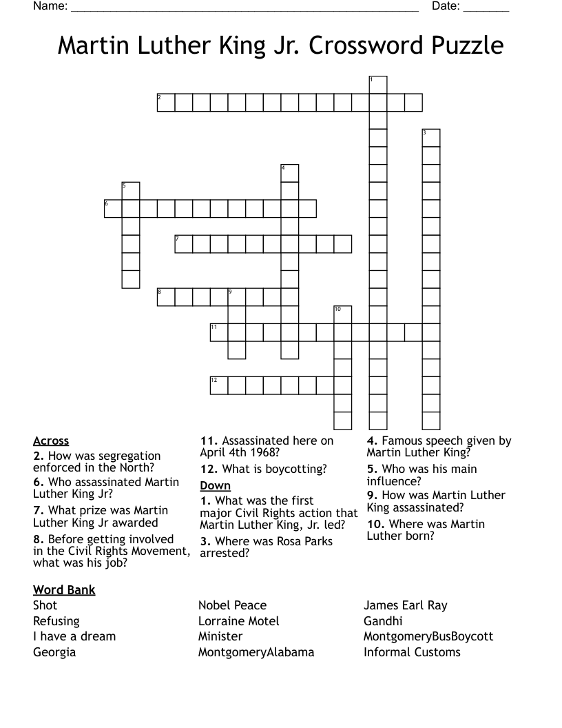 Martin Luther King Jr. Crossword Puzzle