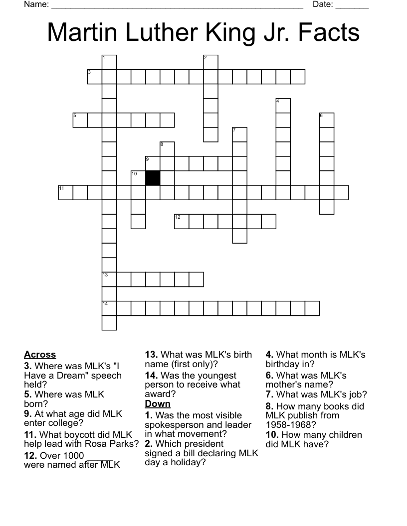 Martin Luther King Jr. Facts Crossword