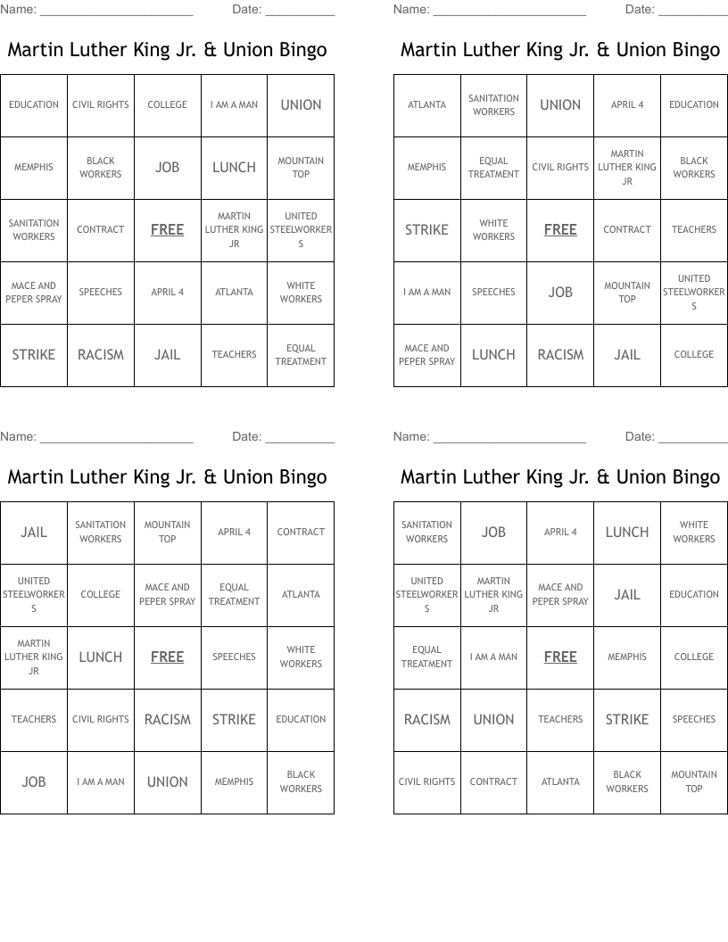 Martin Luther King Jr. & Union Bingo