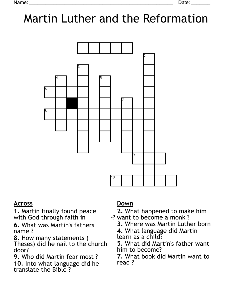 Martin Luther and the Reformation Crossword