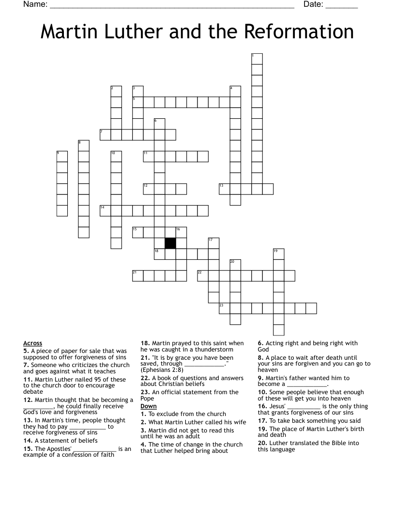Martin Luther and the Reformation Crossword