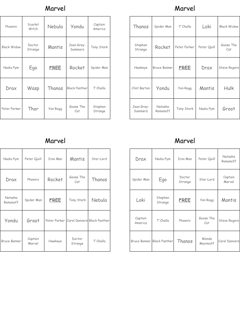 Marvel Bingo Cards