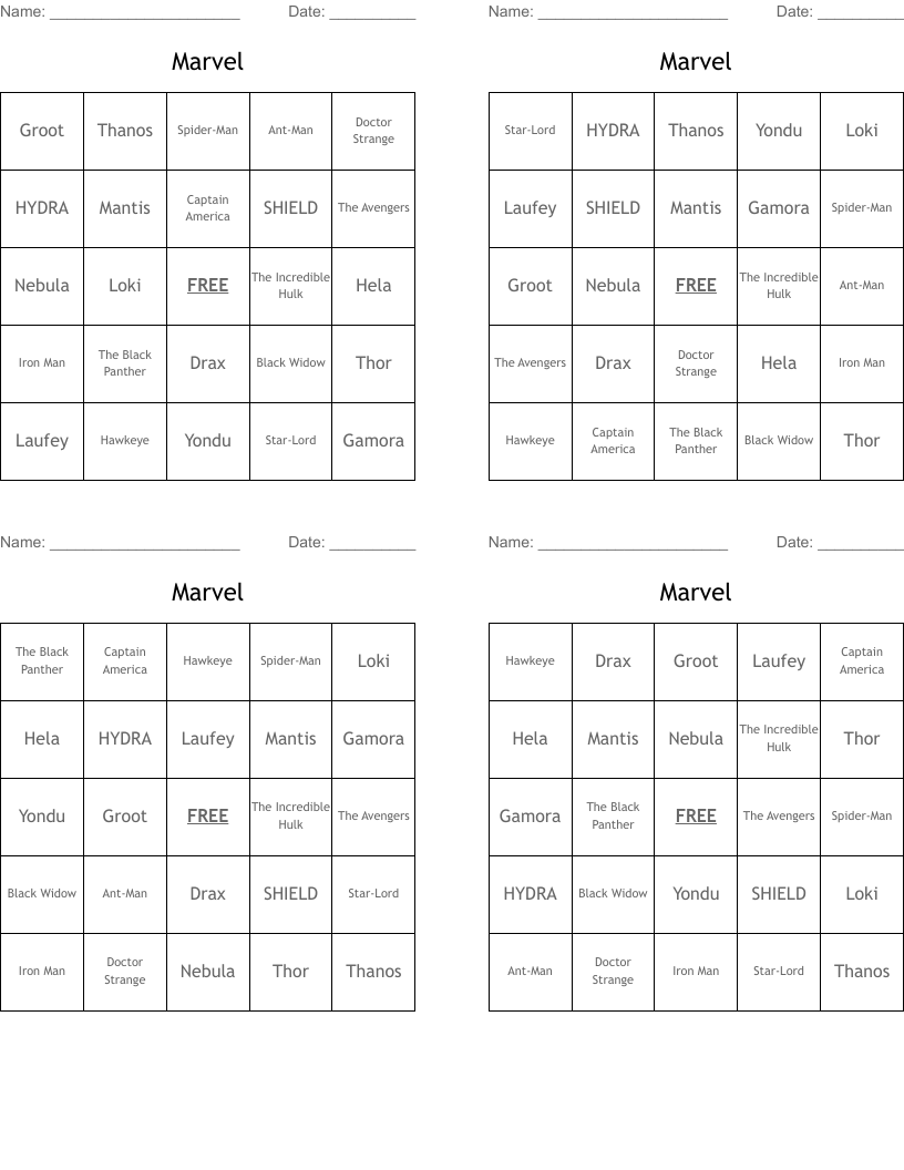 Marvel Bingo Cards