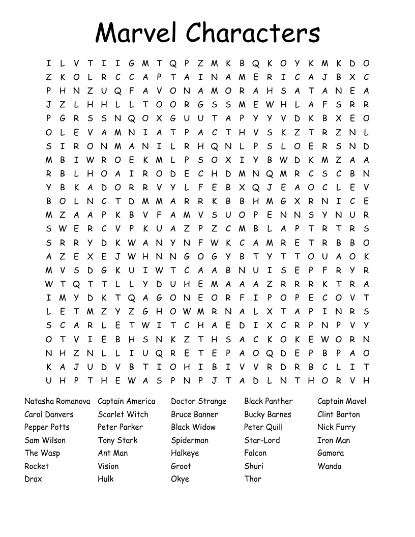 Marvel Characters Word Search