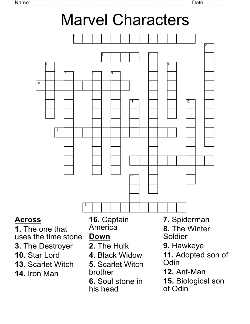 Marvel Characters Crossword