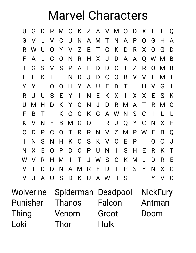 Marvel Characters Word Search