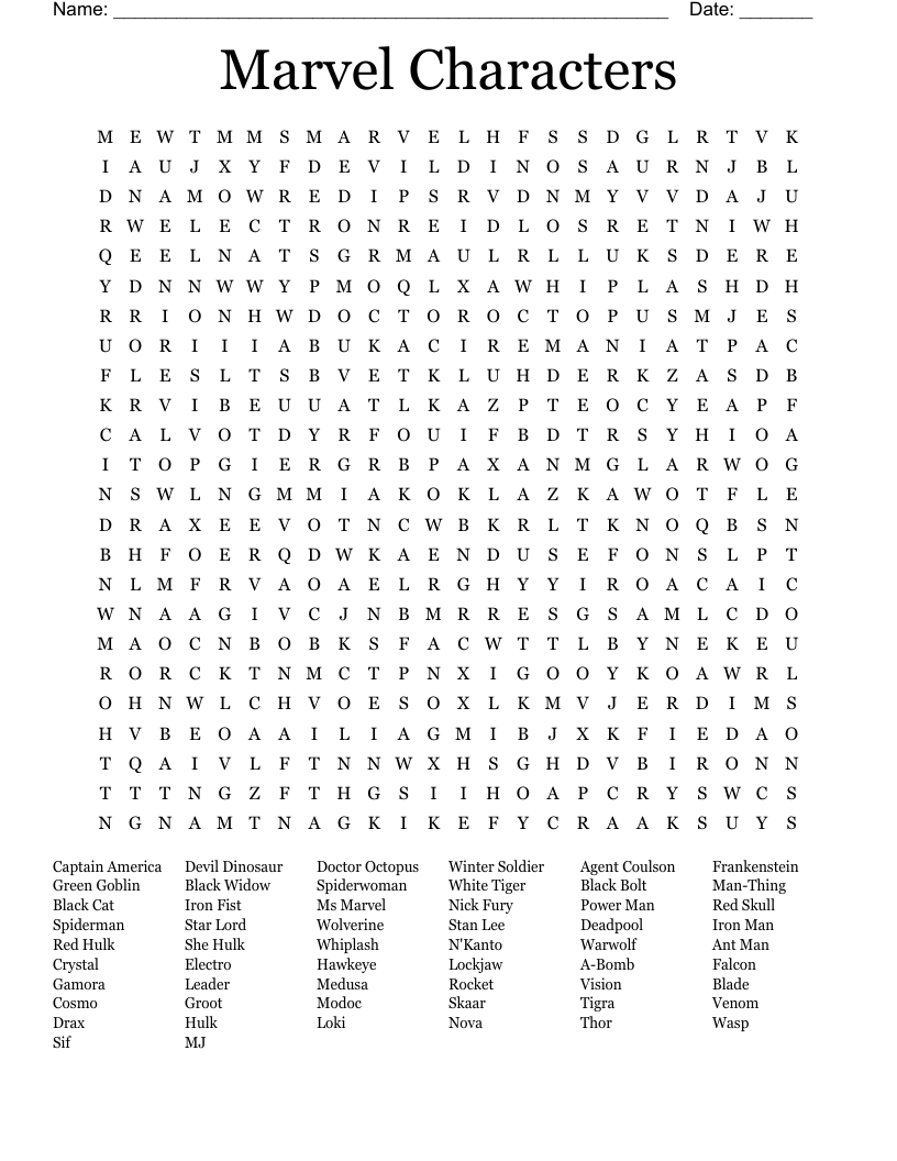 Marvel Characters Word Search