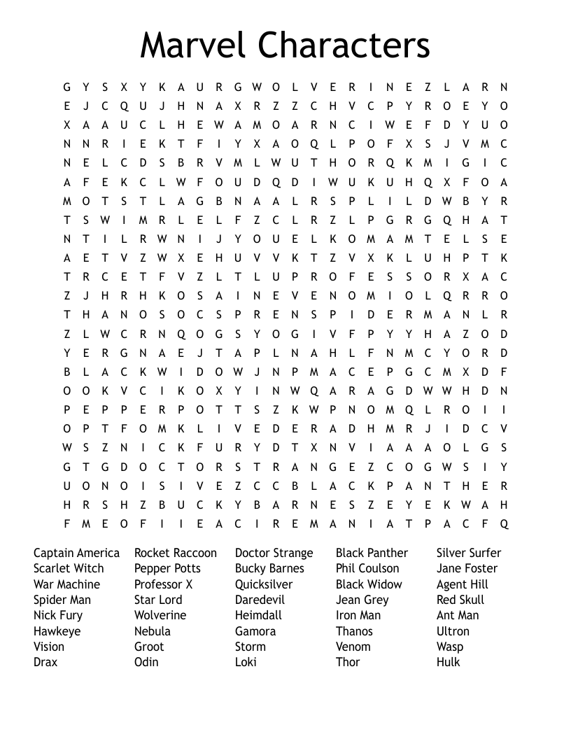 Marvel Characters Word Search