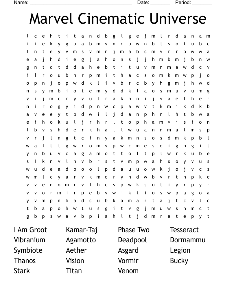 Marvel Cinematic Universe Word Search