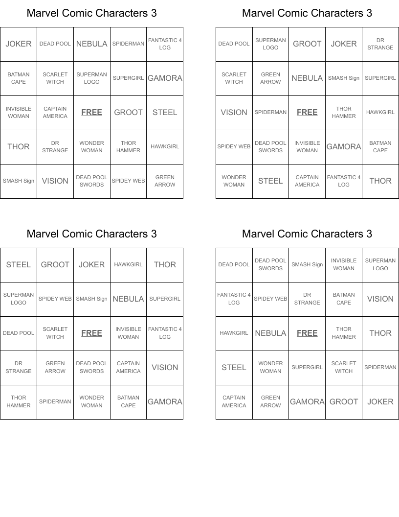 Marvel Comic Characters 3 Bingo Cards