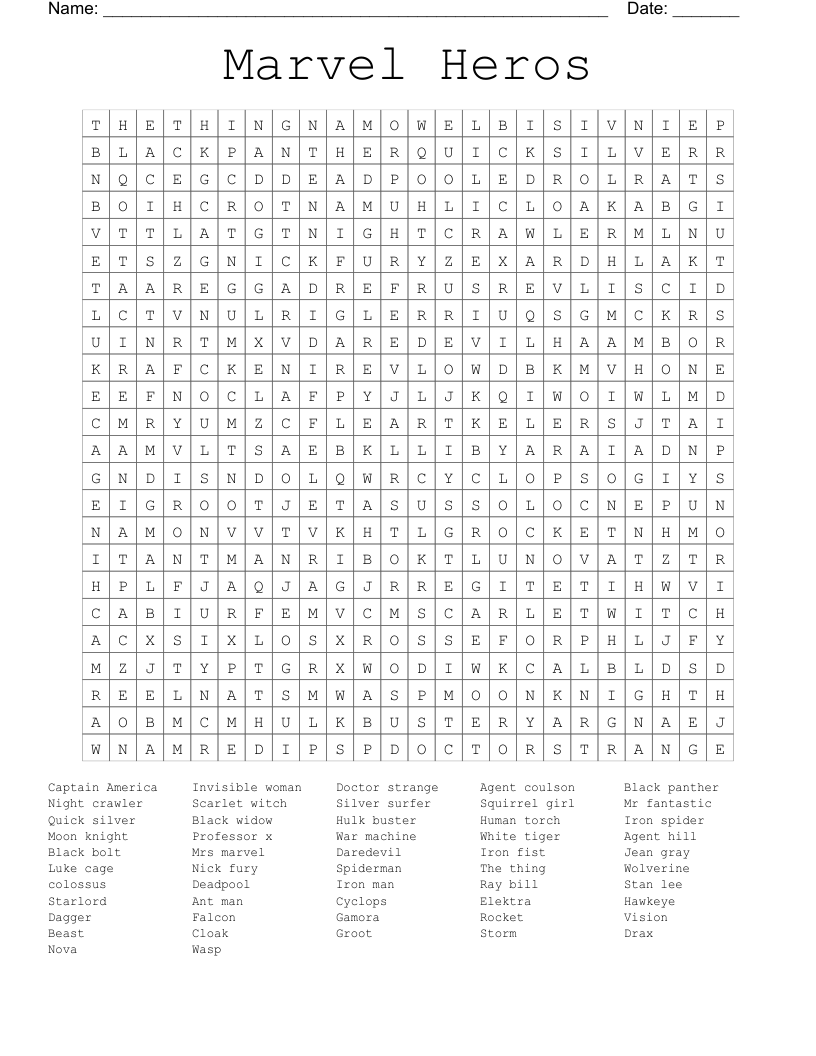 Marvel Heros  Word Search
