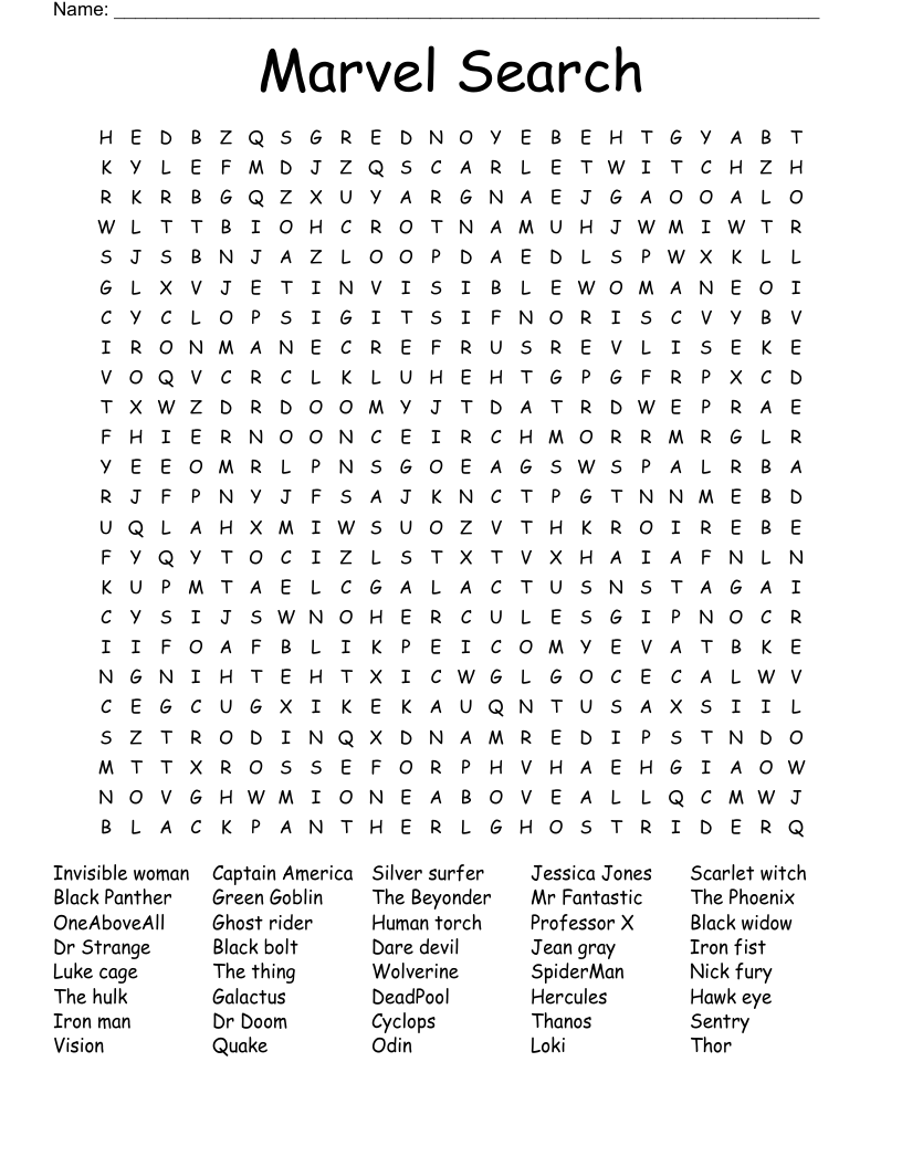 Marvel Search Word Search