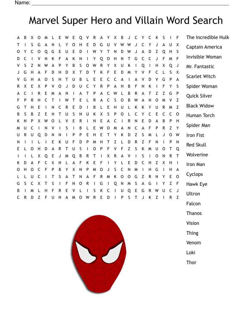 Marvel Super Hero and Villain Word Search  