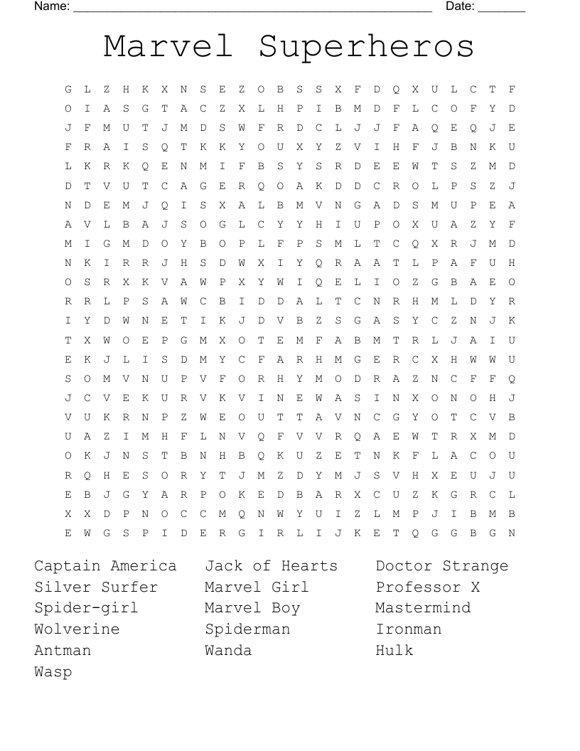 Marvel Superheros Word Search