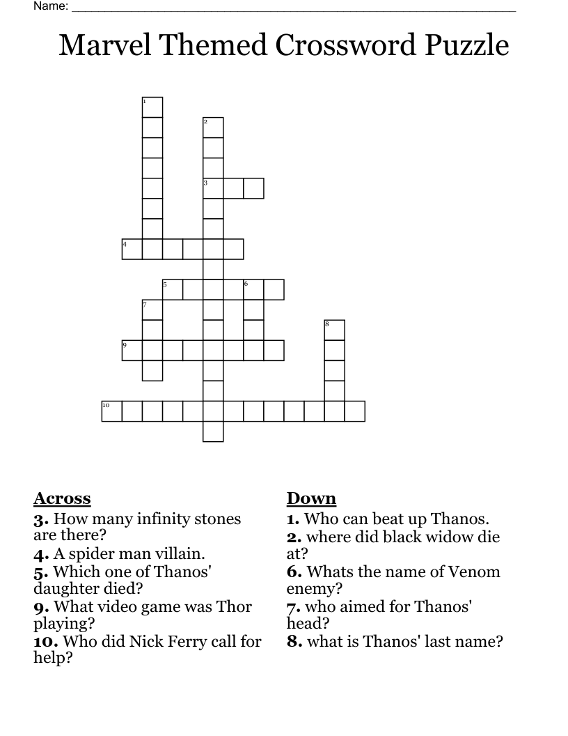 Marvel Themed Crossword Puzzle