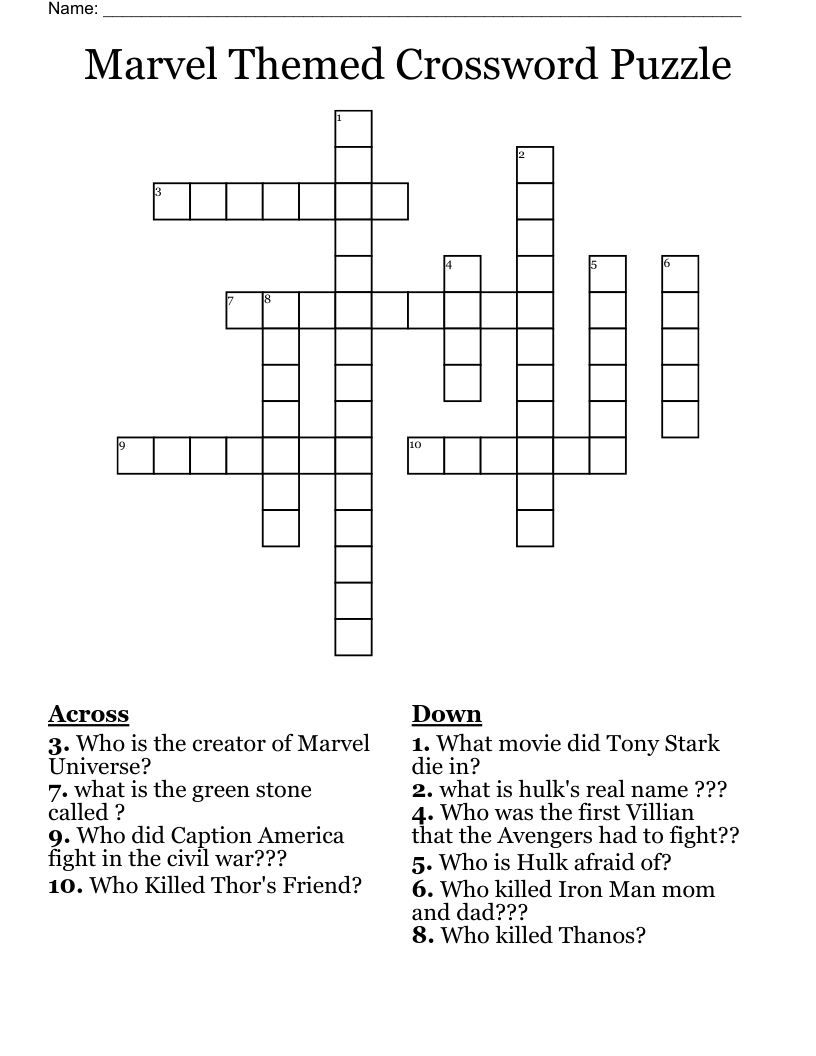 Marvel Themed Crossword Puzzle