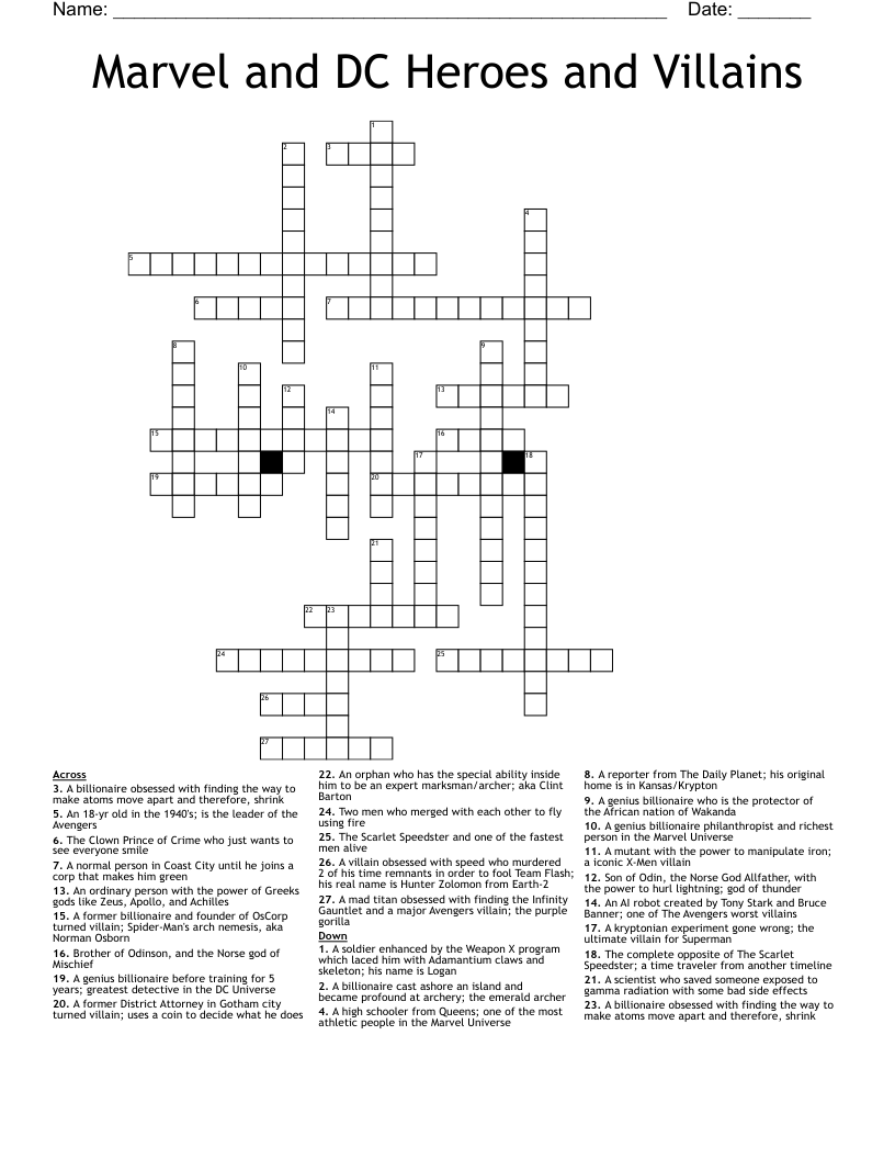 Marvel and DC Heroes and Villains Crossword