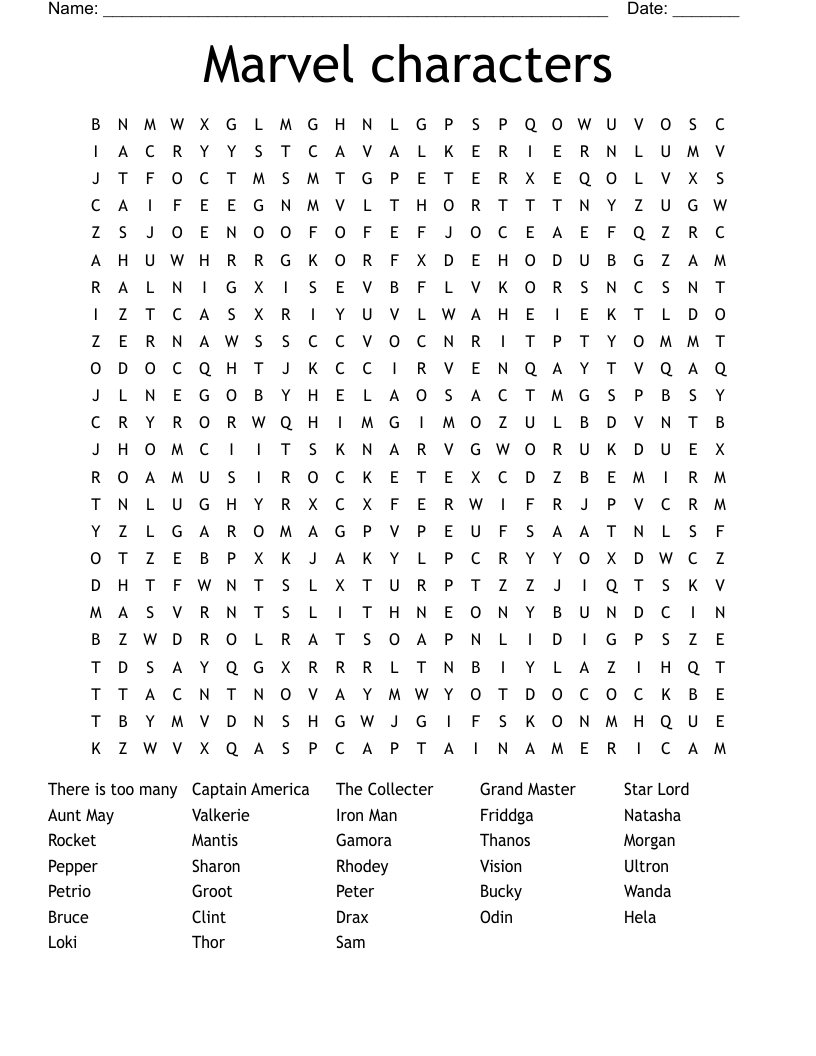 Marvel characters  Word Search