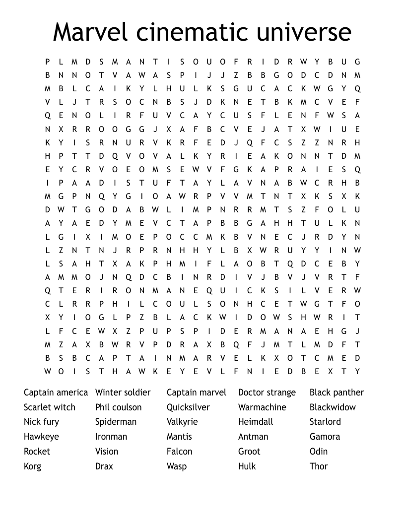 Marvel cinematic universe Word Search