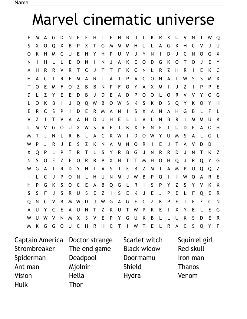 Marvel cinematic universe Word Search